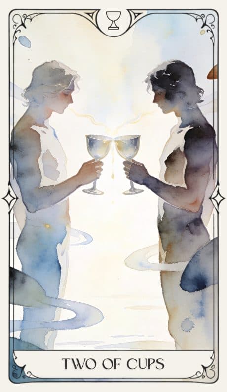 Two of Cups in the Aquarelle deck style