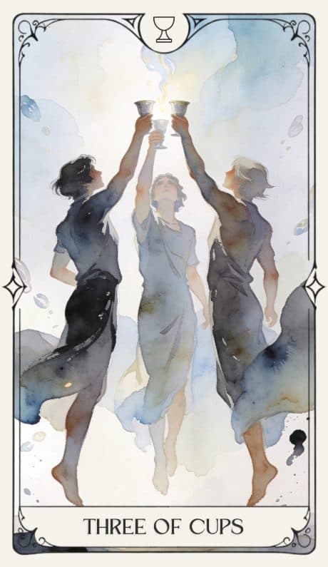 Three of Cups in the Aquarelle deck style