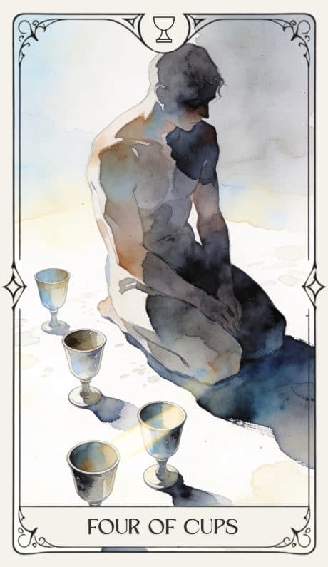 Four of Cups in the Aquarelle deck style