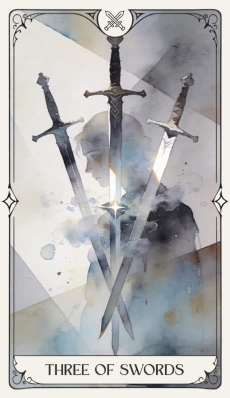 Three of Swords in the Aquarelle deck style