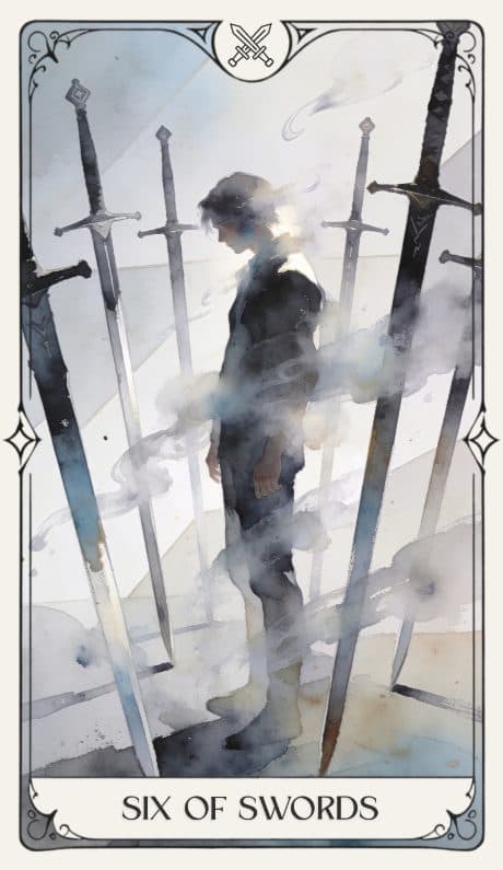Six of Swords in the Aquarelle deck style