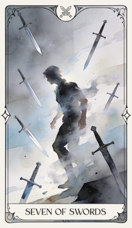 Seven of Swords in the Aquarelle deck style
