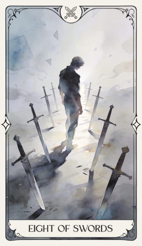 Eight of Swords in the Aquarelle deck style