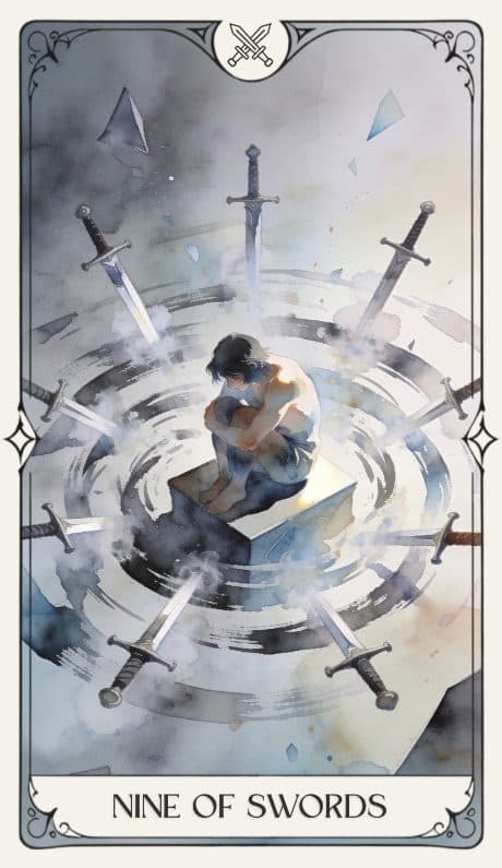 Nine of Swords in the Aquarelle deck style