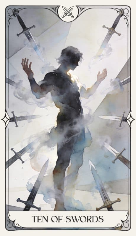 Ten of Swords in the Aquarelle deck style