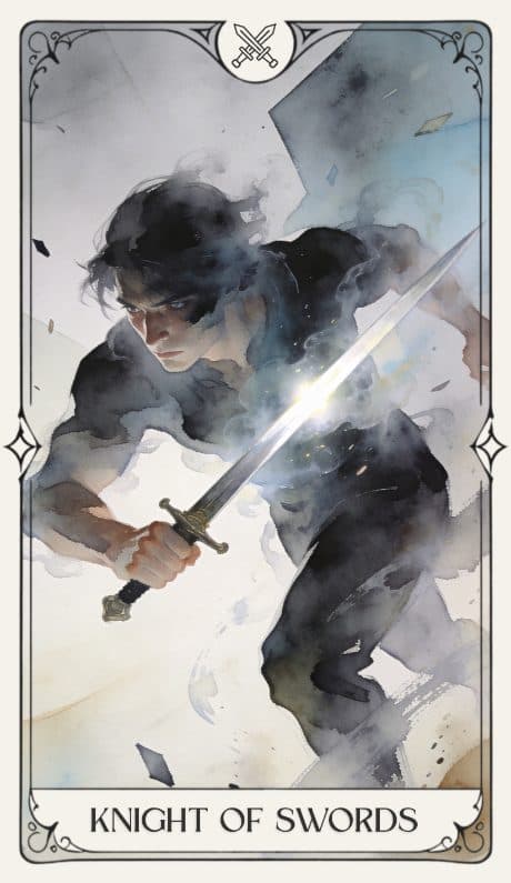 Knight of Swords in the Aquarelle deck style