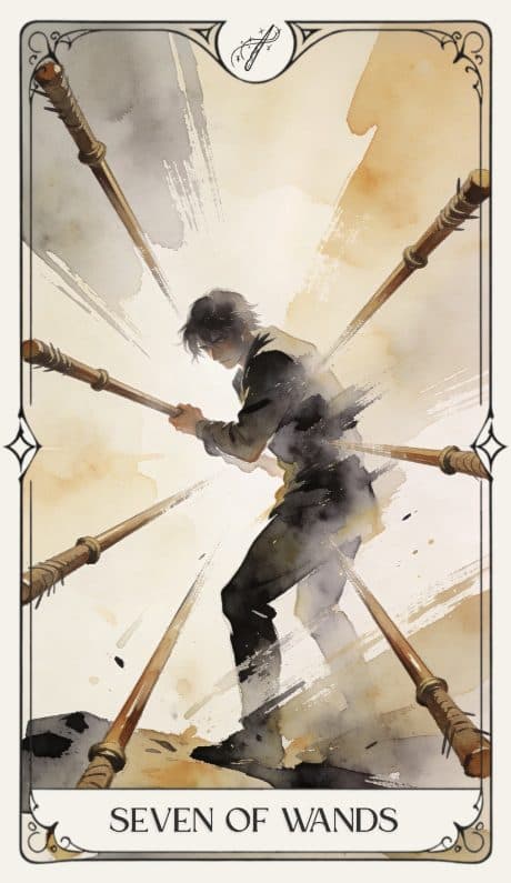 Seven of Wands in the Aquarelle deck style