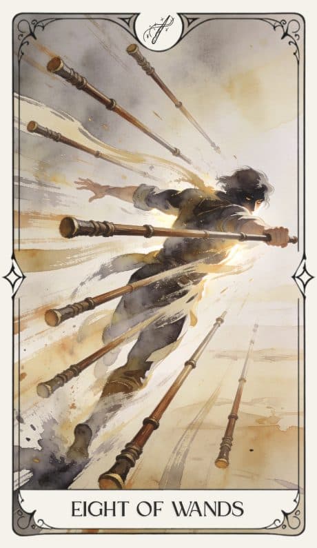 Eight of Wands in the Aquarelle deck style