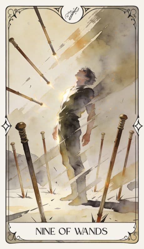 Nine of Wands in the Aquarelle deck style