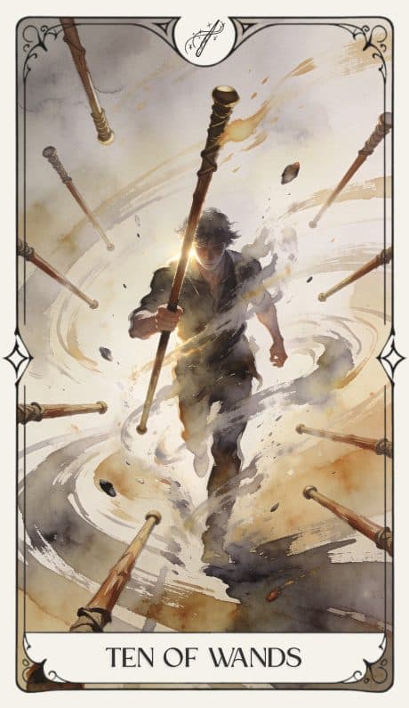 Ten of Wands in the Aquarelle deck style