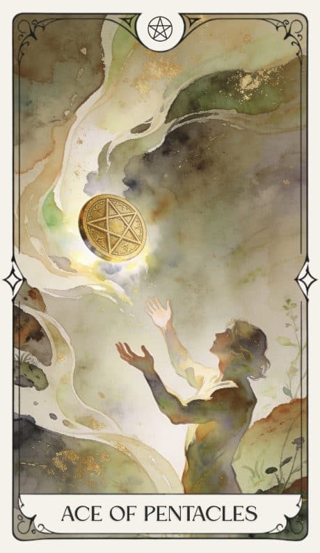 Ace of Pentacles in the Aquarelle deck style