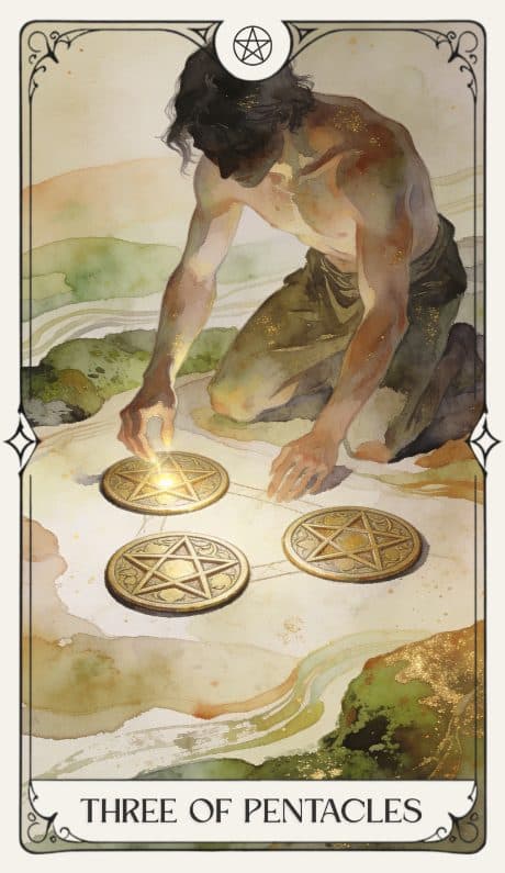 Three of Pentacles in the Aquarelle deck style