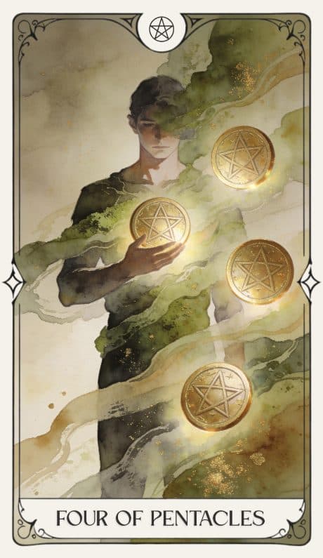 Four of Pentacles in the Aquarelle deck style