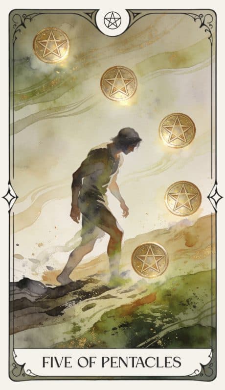 Five of Pentacles in the Aquarelle deck style