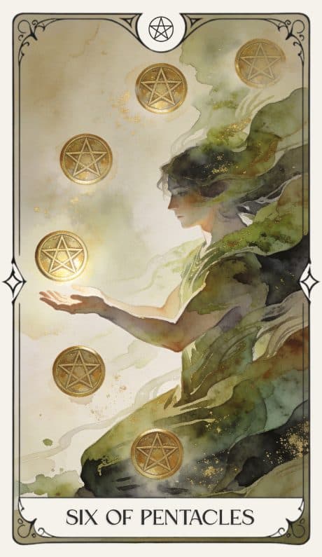 Six of Pentacles in the Aquarelle deck style