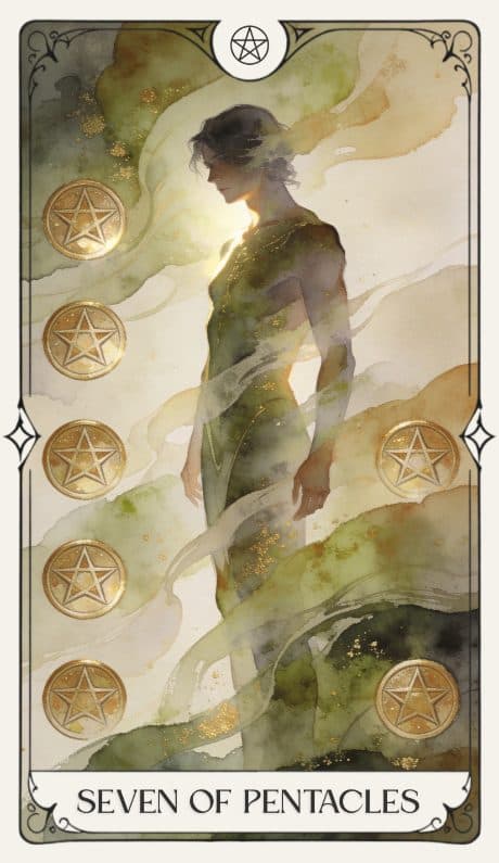 Seven of Pentacles in the Aquarelle deck style