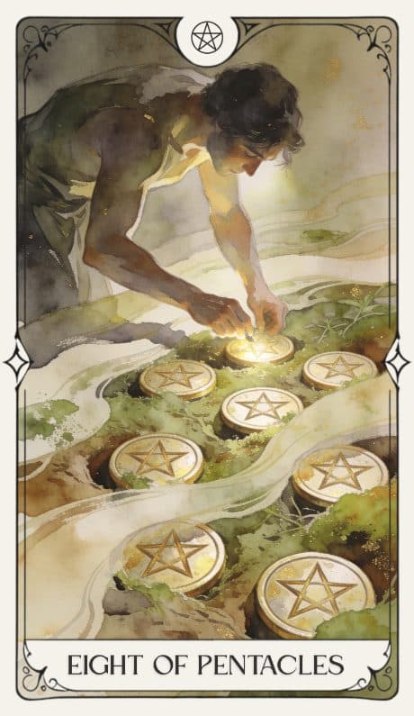 Eight of Pentacles in the Aquarelle deck style