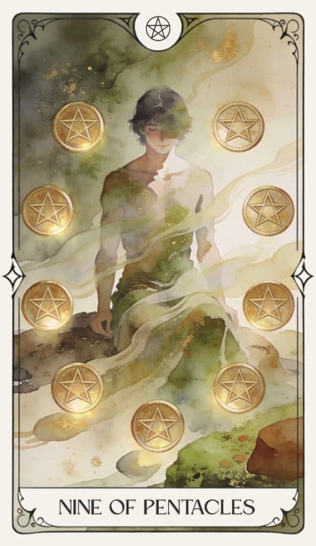 Nine of Pentacles in the Aquarelle deck style