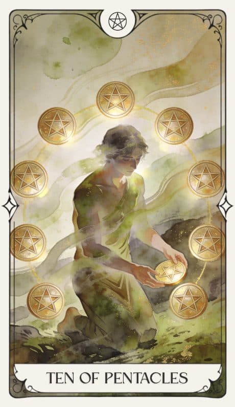 Ten of Pentacles in the Aquarelle deck style