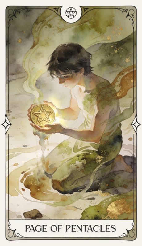 Page of Pentacles in the Aquarelle deck style