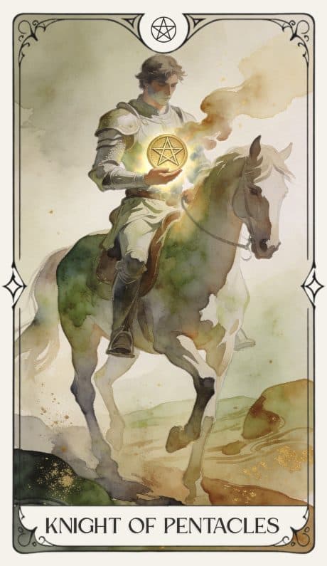 Knight of Pentacles in the Aquarelle deck style