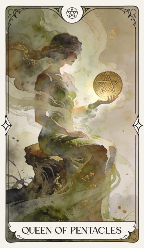 Queen of Pentacles in the Aquarelle deck style