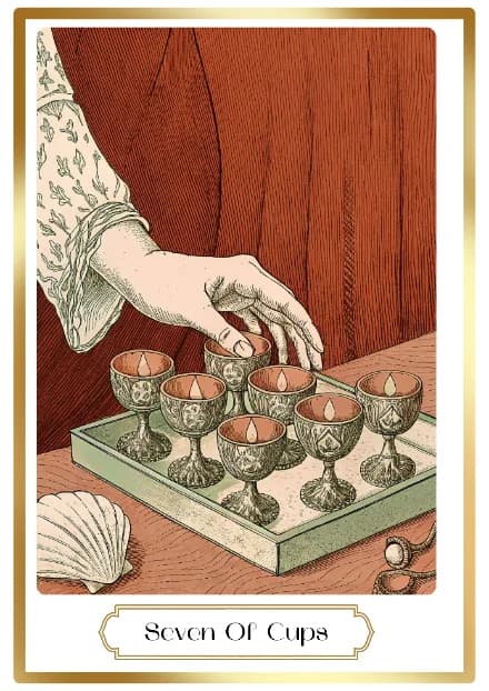 Seven of Cups in the Heirloom deck style