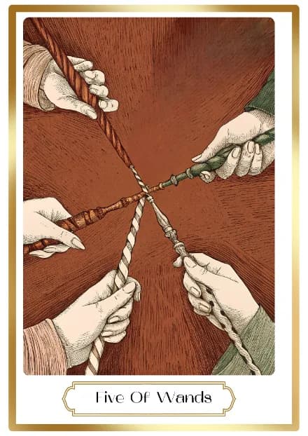 Five of Wands in the Heirloom deck style