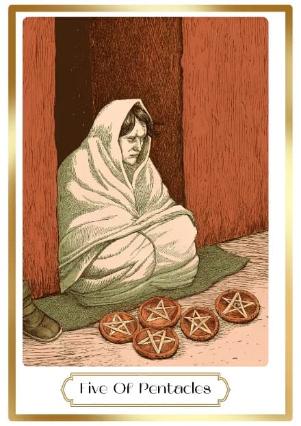 Five of Pentacles in the Heirloom deck style