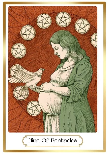 Nine of Pentacles in the Heirloom deck style