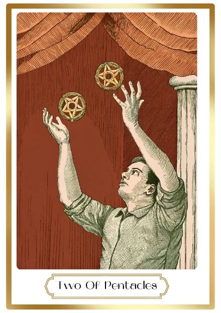 Two of Pentacles in the Heirloom deck style