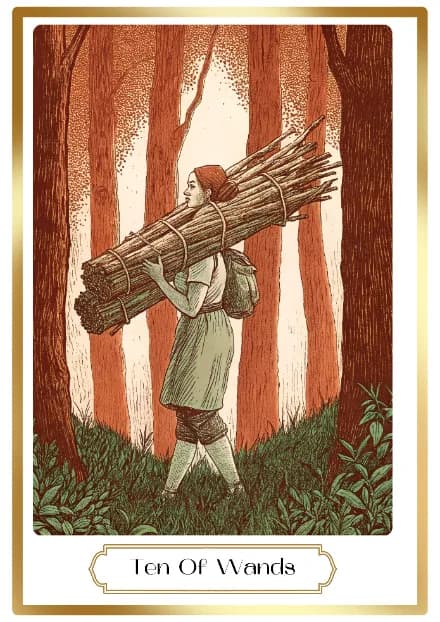 Ten of Wands in the Heirloom deck style