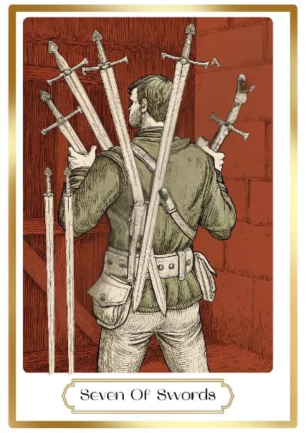 Seven of Swords in the Heirloom deck style