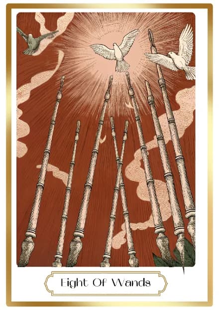Eight of Wands in the Heirloom deck style