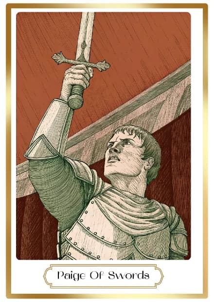 Page of Swords in the Heirloom deck style