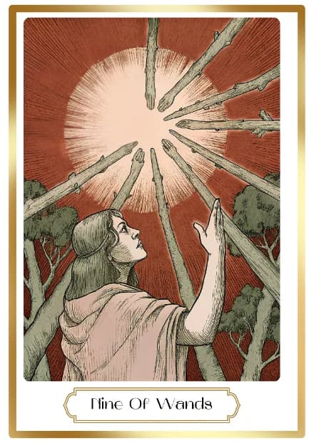 Nine of Wands in the Heirloom deck style