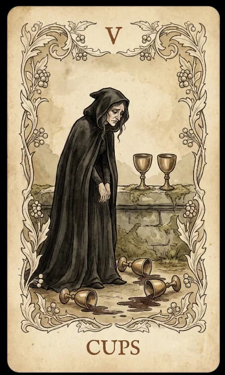 Five of Cups in the Wildflower deck style