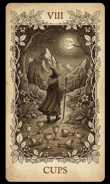Eight of Cups in the Wildflower deck style