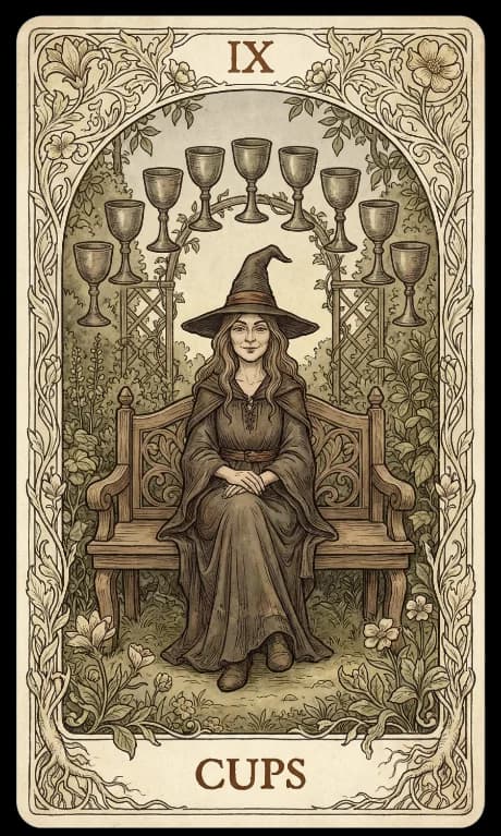 Nine of Cups in the Wildflower deck style