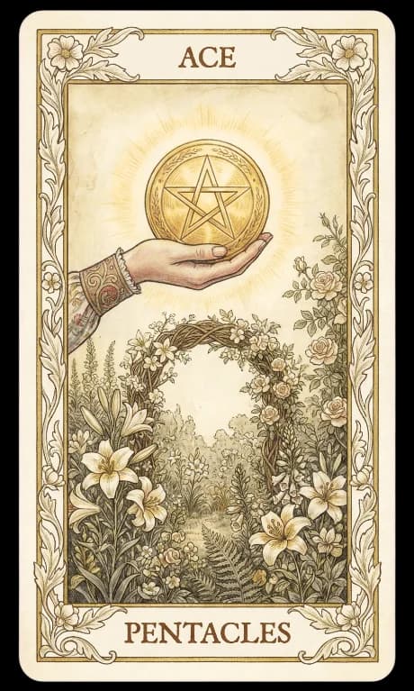 Ace of Pentacles in the Wildflower deck style