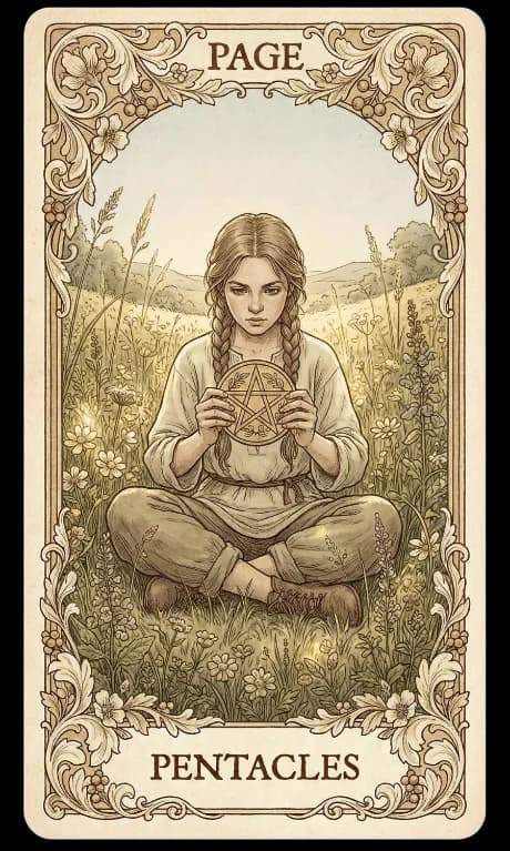 Page of Pentacles in the Wildflower deck style
