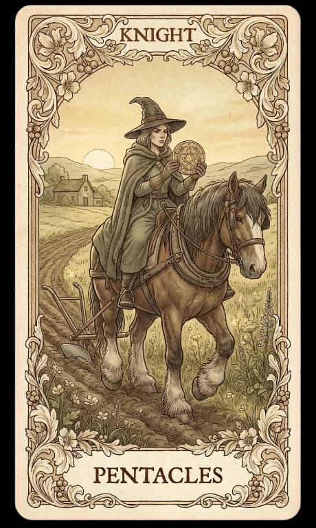 Knight of Pentacles in the Wildflower deck style