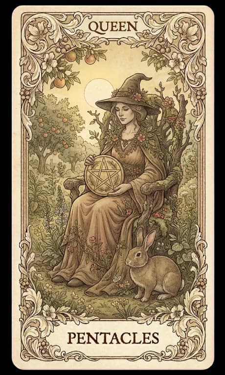 Queen of Pentacles in the Wildflower deck style