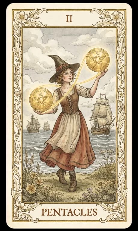 Two of Pentacles in the Wildflower deck style