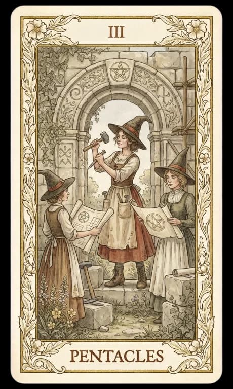 Three of Pentacles in the Wildflower deck style