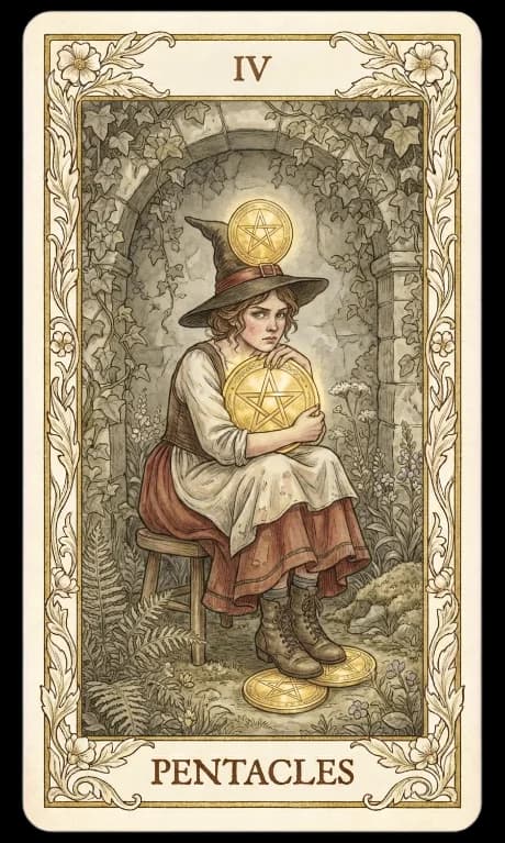 Four of Pentacles in the Wildflower deck style