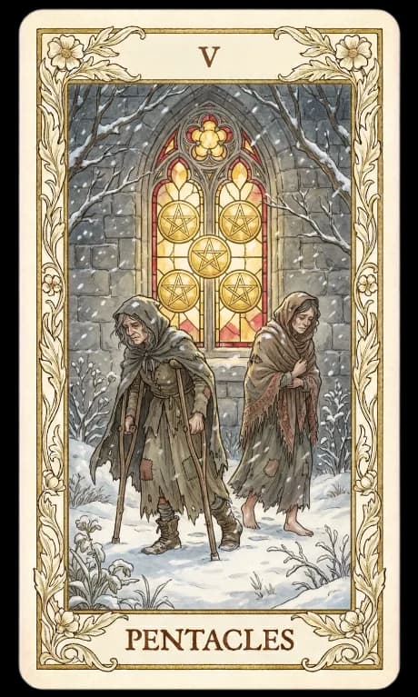 Five of Pentacles in the Wildflower deck style