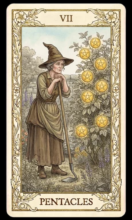 Seven of Pentacles in the Wildflower deck style