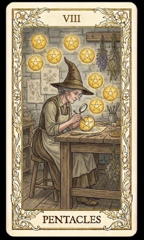 Eight of Pentacles in the Wildflower deck style
