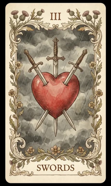 Three of Swords in the Wildflower deck style